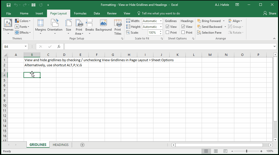 View or Hide Gridlines and Headings